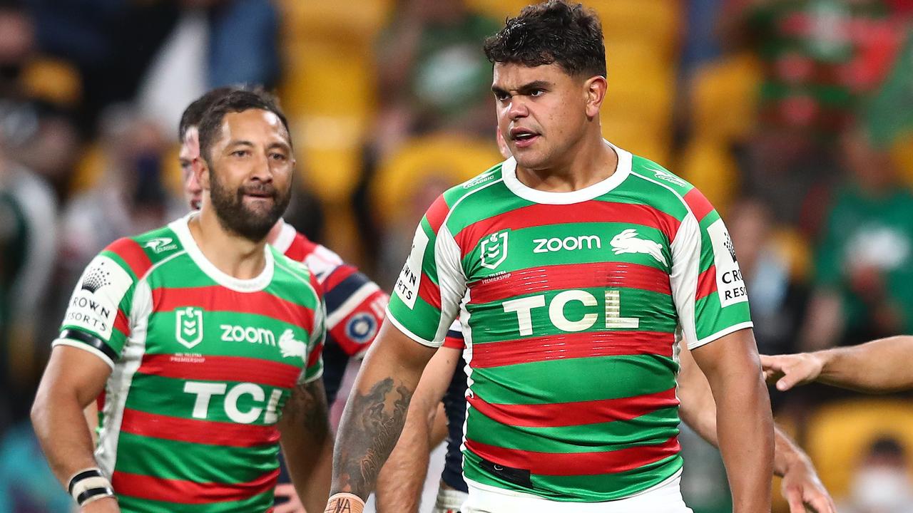BRISBANE, AUSTRALIA – AUGUST 27: Latrell Mitchell of the Rabbitohs reacts after scoring a try during the round 24 NRL match between the Sydney Roosters and the South Sydney Rabbitohs at Suncorp Stadium on August 27, 2021, in Brisbane, Australia. (Photo by Chris Hyde/Getty Images)