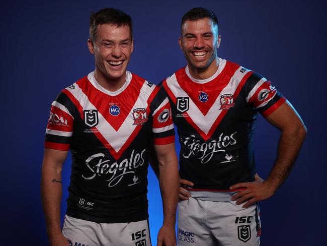 **WARNING MUST CHECK WITH DT SPORT AND ST SPORT BEFORE USE** - Portrait of Roosters Luke Keary and Roosters James Tedesco during the 2019 NRL Grand Final media opportunity at the Westin Hotel, Sydney. Picture: Brett Costello