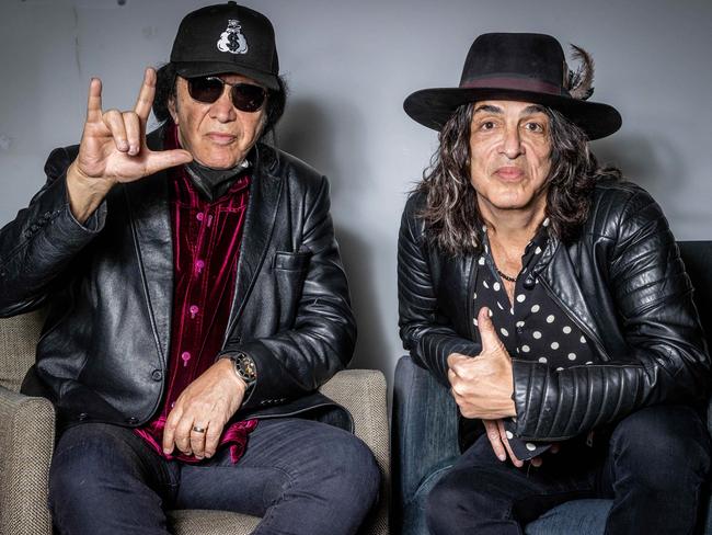 Gene Simmons (left) and Paul Stanley upon arrival in Australia. Picture: Jake Nowakowski