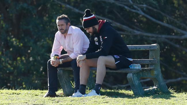 St Kilda official Simon Lethlean and Paddy McCartin chat during a Saints training session in May 2019. Picture: AFL Photos