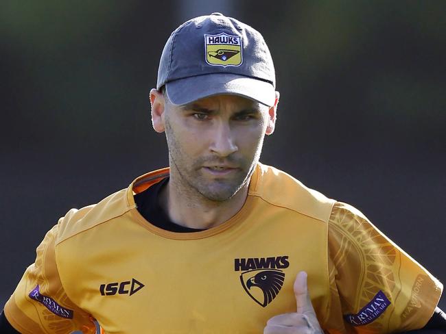 MELBOURNE , AUSTRALIA.February 10 , 2024.   Hawthorn AFL training at Waverley Park.  Chad Wingard of the Hawks doing run throughs in the rehab group  during todays session  . Pic: Michael Klein