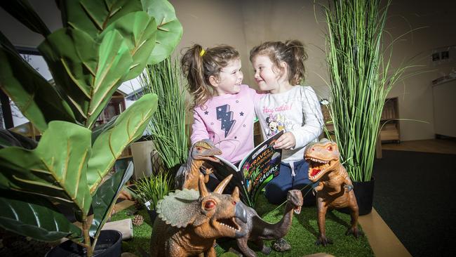 Twin sisters Claire (left) and Emily Gallahar, 4 at the new Green Point Discovery Early Learning Centre. Picture: LUKE BOWDEN