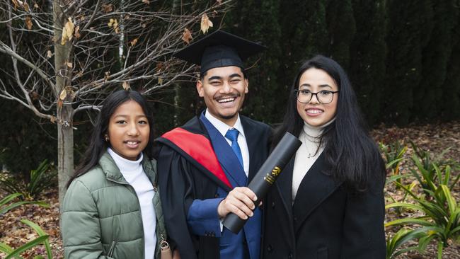 Bachelor of Information Technology graduate Babi Prajapati with Krisha Awal (left) and Bindiya Naga at a UniSQ graduation ceremony at The Empire, Tuesday, June 25, 2024. Picture: Kevin Farmer