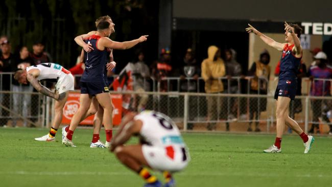 The Demons celebrate the win over St Kilda at Traeger Park in 2020. Picture: Kelly Barnes/Getty Images