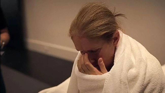 Celine Dion is swaddled in towels after suffering a seizure in the documentary. Picture: Amazon Prime
