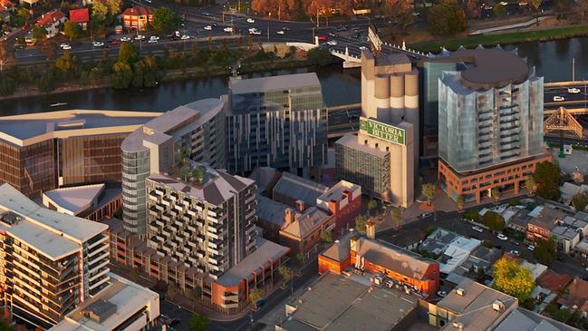 An aerial rendering showing how a completed Malt District redevelopment of the Nylex clock site by Caydon is expected to look. Picture: Supplied.