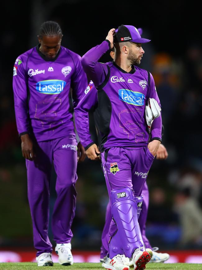 Matthew Wade and Jofra Archer leave the field after losing the Big Bash League semi final match at Blundstone Arena last year. Picture: SCOTT BARBOUR/GETTY IMAGES