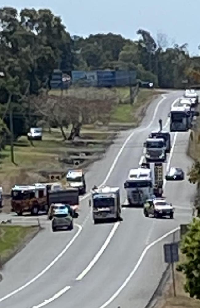 A man has been flown in a critical condition after the car he was driving hit a truck on the Bruce Highway at Tiaro. Picture: Contributed