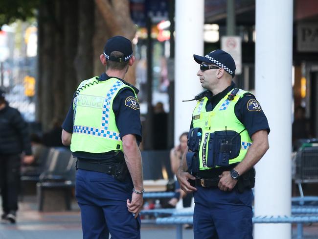 L-R Constable Jon Hitchens and Sergeant Peter Andricopoulos in the Elizabeth Street Mall.  Ride along on with Tasmania Police members between 4.45pm and 6pm on a weekday.  Picture: NIKKI DAVIS-JONES