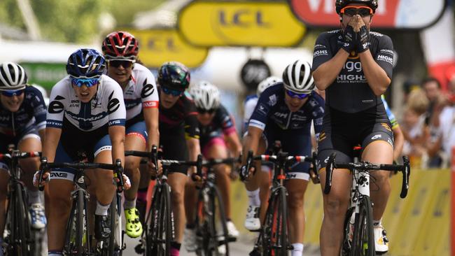 Lotta Lepisto , left, finishes behind Australia's Chloe Hosking in the third edition of La Course by Le Tour de France one day cycling race in 2016. Picture: AFP PHOTO / LIONEL BONAVENTURE