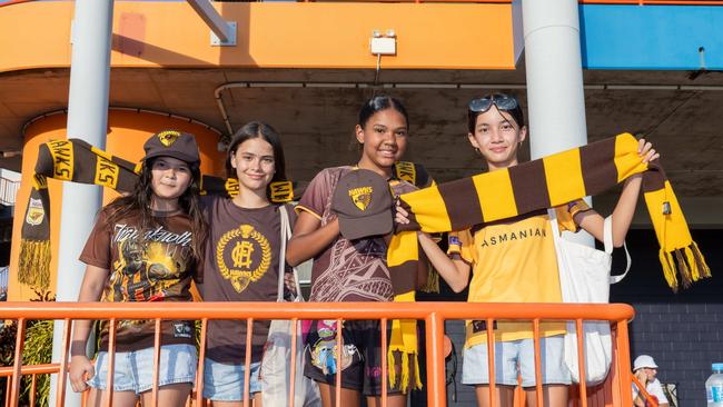 Sammy Wyndham, Vera Briese, Laree Villaflor and Rhinnon Fearn at the Gold Coast Suns v Hawthorn AFL match at TIO Stadium. Picture: Pema Tamang Pakhrin