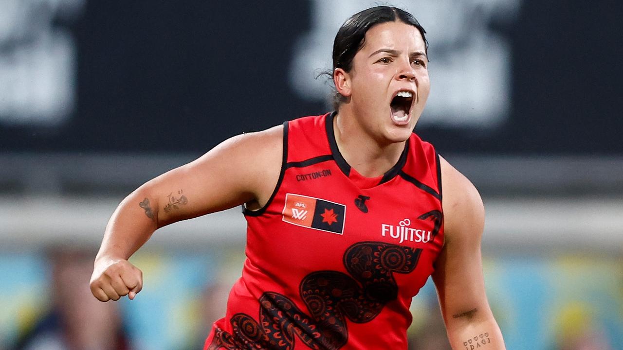 MELBOURNE, AUSTRALIA - OCTOBER 14: Madison Prespakis of the Bombers celebrates a goal during the 2023 AFLW Round 07 match between the Richmond Tigers and the Essendon Bombers at IKON Park on October 14, 2023 in Melbourne, Australia. (Photo by Michael Willson/AFL Photos via Getty Images)