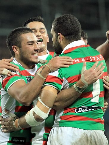 <p>Gallery NRL round 15 Eels v Rabbitohs:Souths players hug Greg Inglis for his part in a Justin Hunt try. Picture: Mark Evans</p>