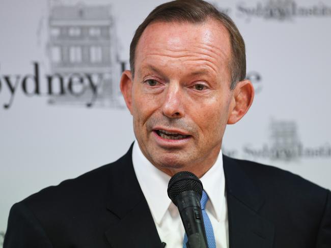 Former prime minister Tony Abbott addresses the Sydney Institute on Tuesday, February 20, 2018. (AAP Image/Brendan Esposito) NO ARCHIVING