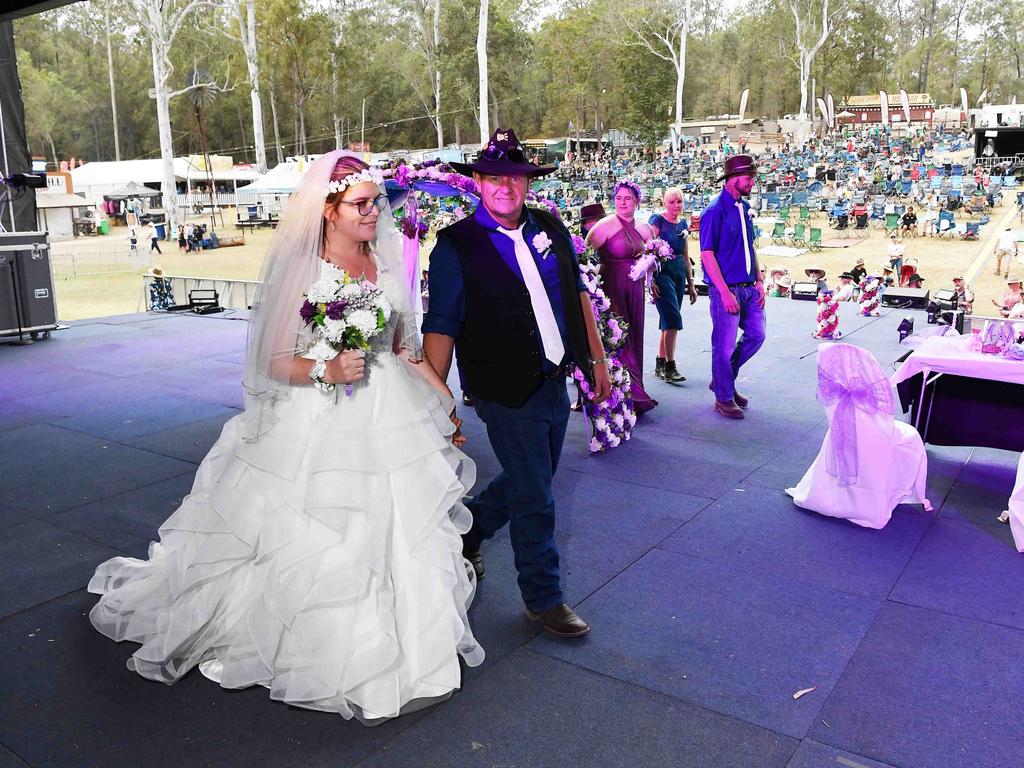 Simone Ward and Geoffrey Borninkhof, were married on The Hill Stage at Gympie Music Muster. Picture: Patrick Woods.