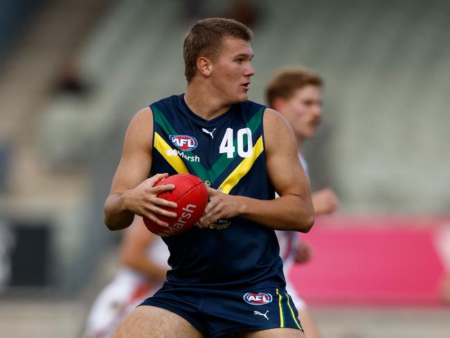 MELBOURNE, AUSTRALIA - APRIL 13: Tyler Welsh of the AFL Academy in action during the 2024 AFL Academy match between the Marsh AFL National Academy Boys and Coburg Lions at Ikon Park on April 13, 2024 in Melbourne, Australia. (Photo by Michael Willson/AFL Photos via Getty Images)