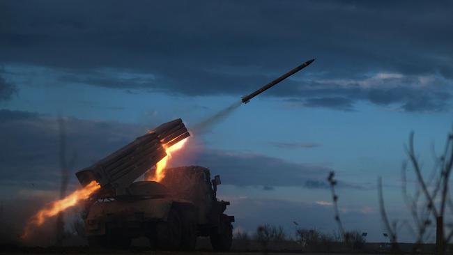 A BM-21 Grad multiple rocket launcher fires towards Russian positions on the frontline near Bakhmut, Donetsk region, amid the Russian invasion on Ukraine. Picture: AFP.