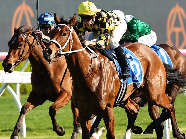 SYDNEY, AUSTRALIA - SEPTEMBER 21: James McDonald riding Autumn Glow wins Race 7 Darley Tea Rose Stakes during "Sydney Surf To Turf Day" - Sydney Racing at Royal Randwick Racecourse on September 21, 2024 in Sydney, Australia. (Photo by Jeremy Ng/Getty Images)