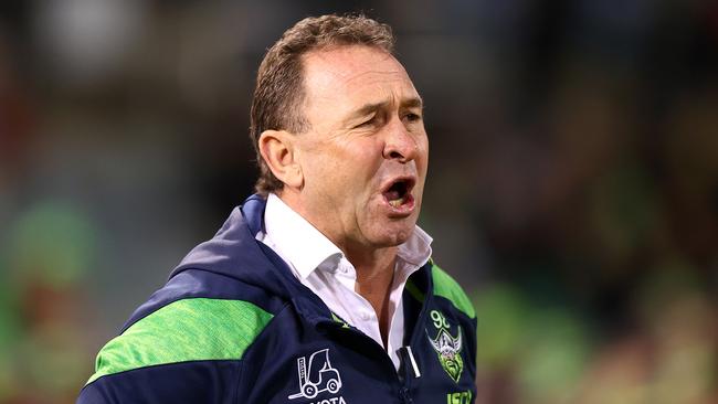 CANBERRA, AUSTRALIA - AUGUST 06: Raiders coach Ricky Stuart watches on from the bench during the round 23 NRL match between Canberra Raiders and Wests Tigers at GIO Stadium on August 06, 2023 in Canberra, Australia. (Photo by Mark Nolan/Getty Images)