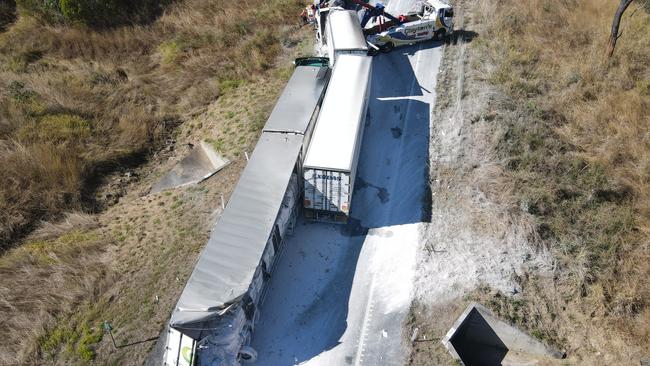 Drone photos of a truck crash on the Bruce Highway about 35km south of Miriam Vale that occurred about 7am on August 6. Picture: Rodney Stevens DJI Mavic Air 2