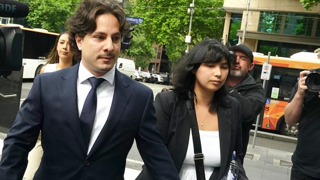 Christopher Joannidis and his partner Eleanor Theebom arrive at court after he killed five people in a crash involving his Mercedes, a ute, and a B-double truck in Strathmerton in April 2023. Picture: NewsWire / Luis Enrique Ascui