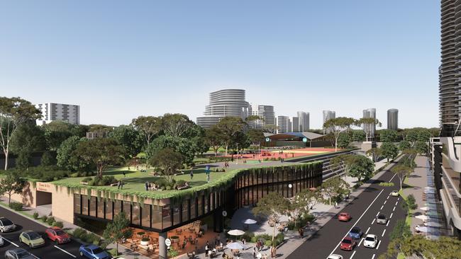 Artist's Impression of the expansion of Arthur Whitling Reserve into a rooftop garden at Castle Hill