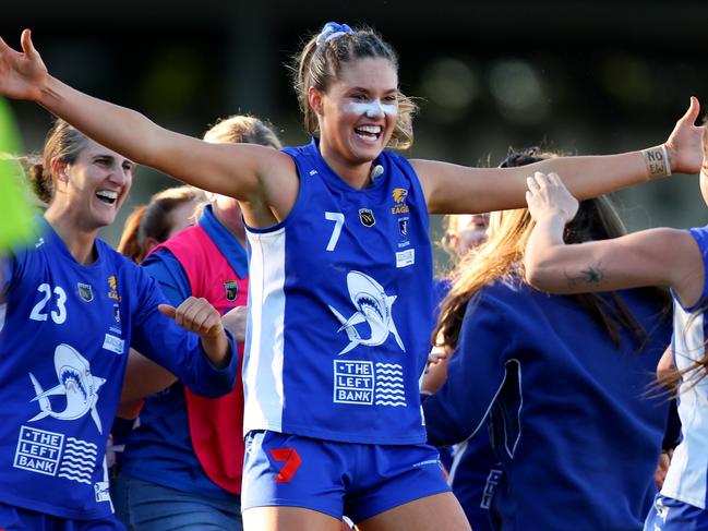 PERTH, AUSTRALIA - JULY 15: Georgie Cleaver of the Sharks celebrates winning the Grand Final during the WAFLW Grand Final match between Claremont and East Fremantle at Mineral Resources Park on July 15, 2023 in Perth, Australia. (Photo by James Worsfold/Getty Images)