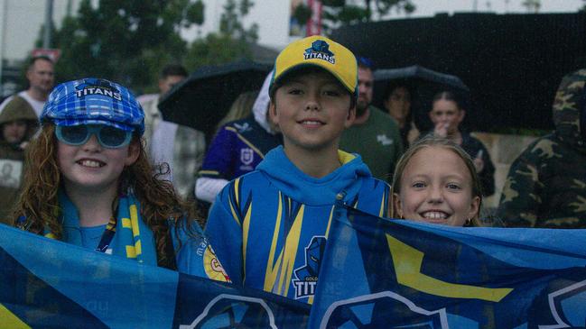 Kaia Hill, Max and Sophie Adams before the Titans V The Melbourne Storm at CBUS Stadium. Picture: Glenn Campbell