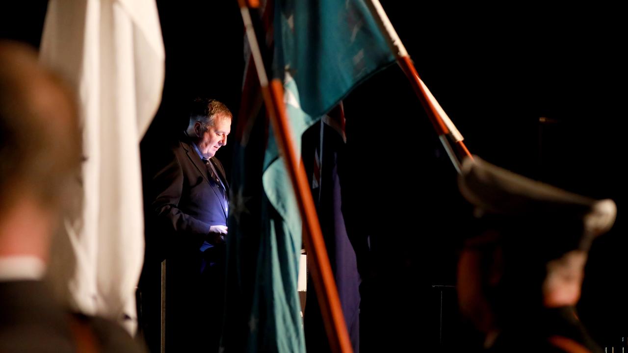 Rooty Hill RSL Sub Branch president Sean Plunkett makes the opening address at the Pinegrove Memorial Park Anzac Day dawn service in Minchinbury. Picture: Angelo Velardo