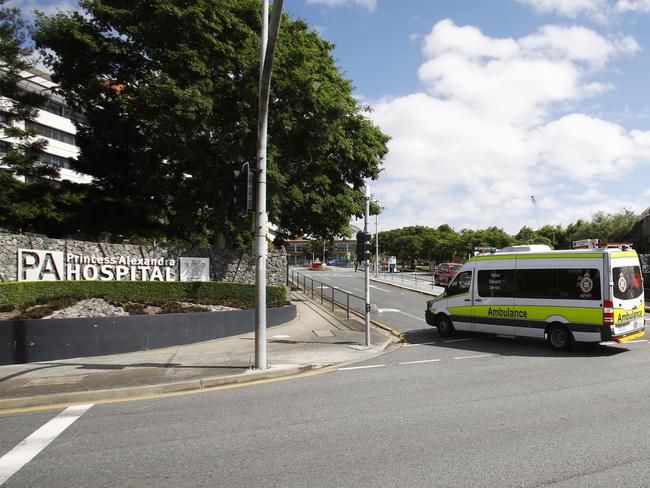 An ambulance arrives at the PA Hospital in Brisbane. Picture: Tertius Pickard