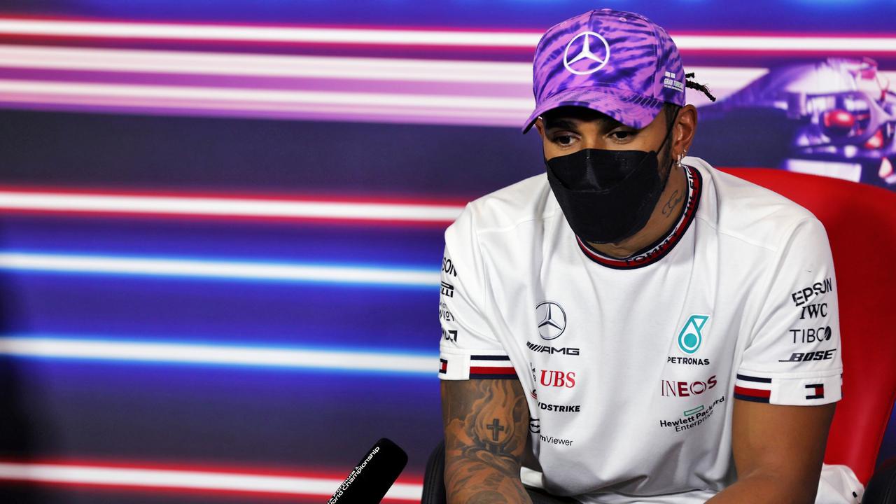 NORTHAMPTON, ENGLAND - JULY 18: Race winner Lewis Hamilton of Great Britain and Mercedes GP talks during a Drivers Press Conference after the F1 Grand Prix of Great Britain at Silverstone on July 18, 2021 in Northampton, England. (Photo by XPB - Pool/Getty Images)