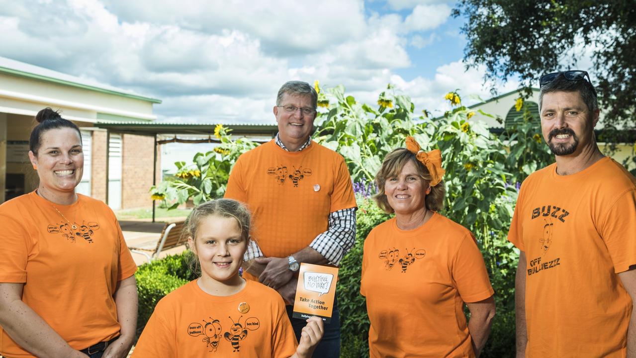 Taking a stand against bullying are (from left) Tracey Gollan, Fairview State School student Olivia Gollan, Toowoomba North MP Trevor Watts, Fairview State School teacher Trina Murphy and Marshall Gollan. Picture: Kevin Farmer