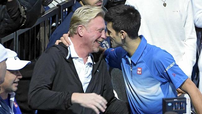 Novak Djokovic hugs his coach Boris Becker the ATP World Tour Finals in 2015. Picture: FACUNDO ARRIZABALAGA