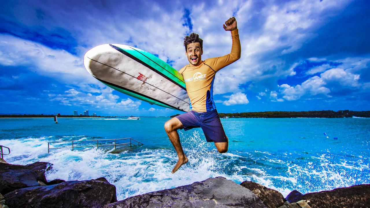 Get Wet surf school instructor Sam Marke from the Gold Coast is excited about the return of international travellers. Picture: Nigel Hallett