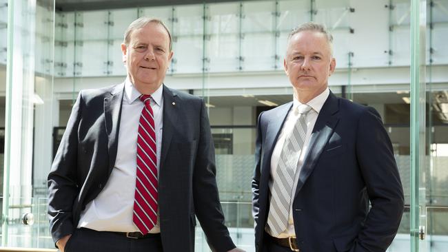 Nine chairman Peter Costello and departing CEO Hugh Marks. Picture: John Feder