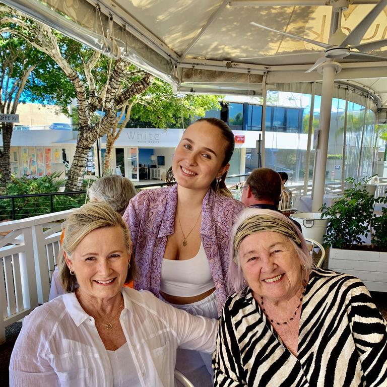 Jo and Caitlin Lee with Joan Colman at Main Beach. Picture Jenny Masters