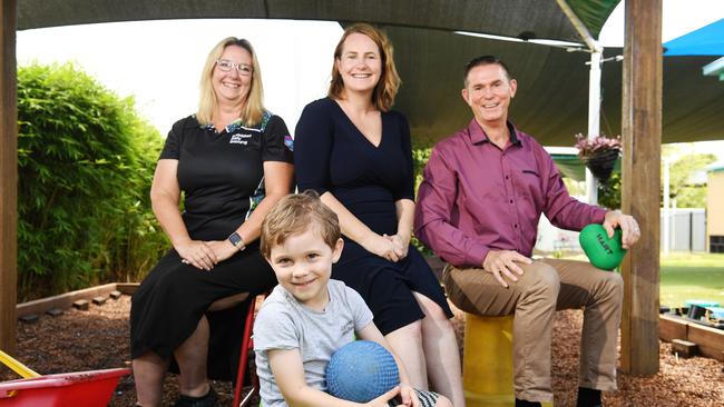 Senator Nita Green (middle) in Townsville with Goodstart Cranbrook Center Director Tracey Bell, Labor candidate for Herbert John Ring and Kindy student Sebastian Lynch, 4, talking about Labor’s plan to deliver more affordable and accessible childcare for families. Picture: Shae Beplate.