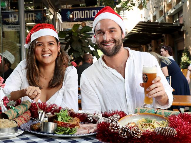 Toby Franklin and Lauren Lopez enjoying lunch at Munich Brauhaus The Rocks. Picture: Jonathan Ng