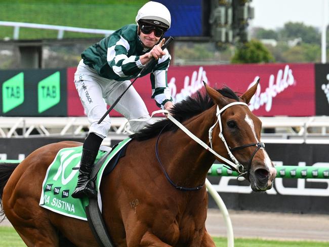 MELBOURNE, AUSTRALIA - NOVEMBER 09: James McDonald riding Via Sistina winning Race 8, the Tab Champions Stakes - Betting Odds during Champion Stakes Day at Flemington Racecourse on November 09, 2024 in Melbourne, Australia. (Photo by Vince Caligiuri/Getty Images)