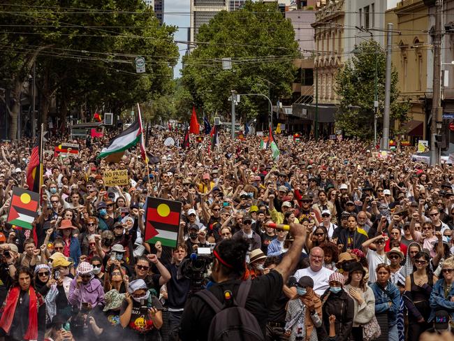 A crowd rallies on January 26, 2024 in a push to change the date of Australia Day. Picture: Tamati Smith