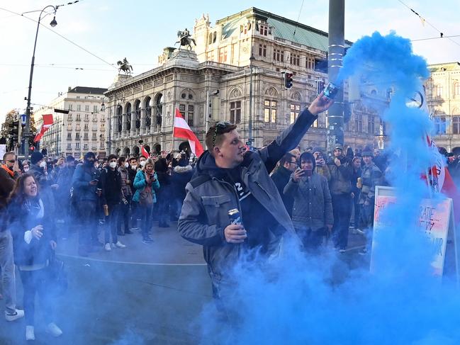 Demonstrators, after Austria announced it will impose a lockdown for all and make vaccinations mandatory, starting from 22 November. Picture: AFP