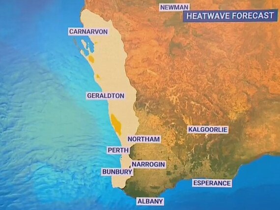 A large portion of the Western Australia coast will see heatwave conditions for much of the week with Perth peaking at 37C. Picture: Sky News Weather.