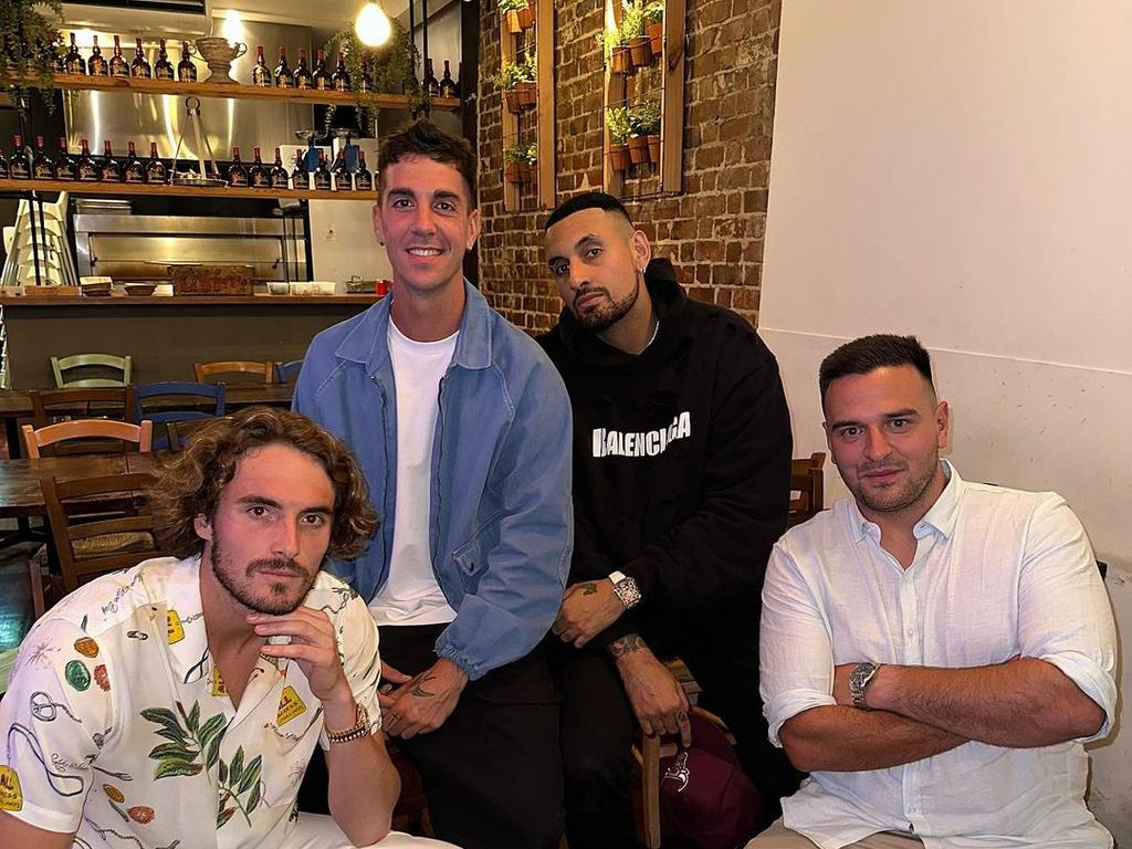 Nick Kyrgios uploaded this image on Thursday night alongside Tsitsipas (far left), Kokkinakis (second from left) and a third unknown friend (far right).