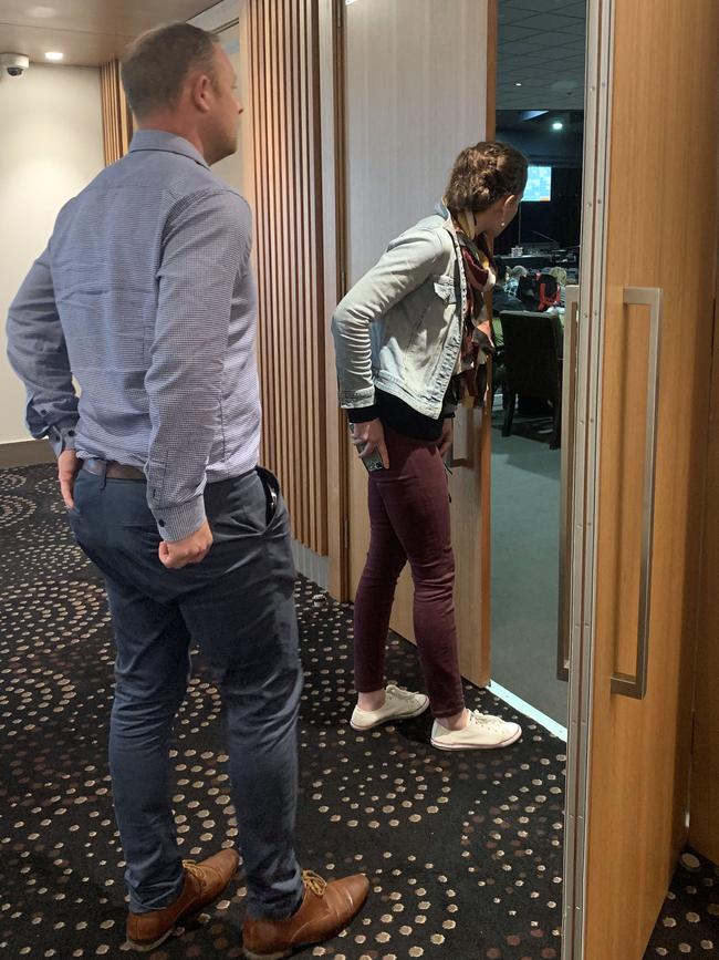 Extended Supervision Order officer Bill Hopley and Ms Ottaway looking for one of the offenders at a local RSL. Picture: David Swift