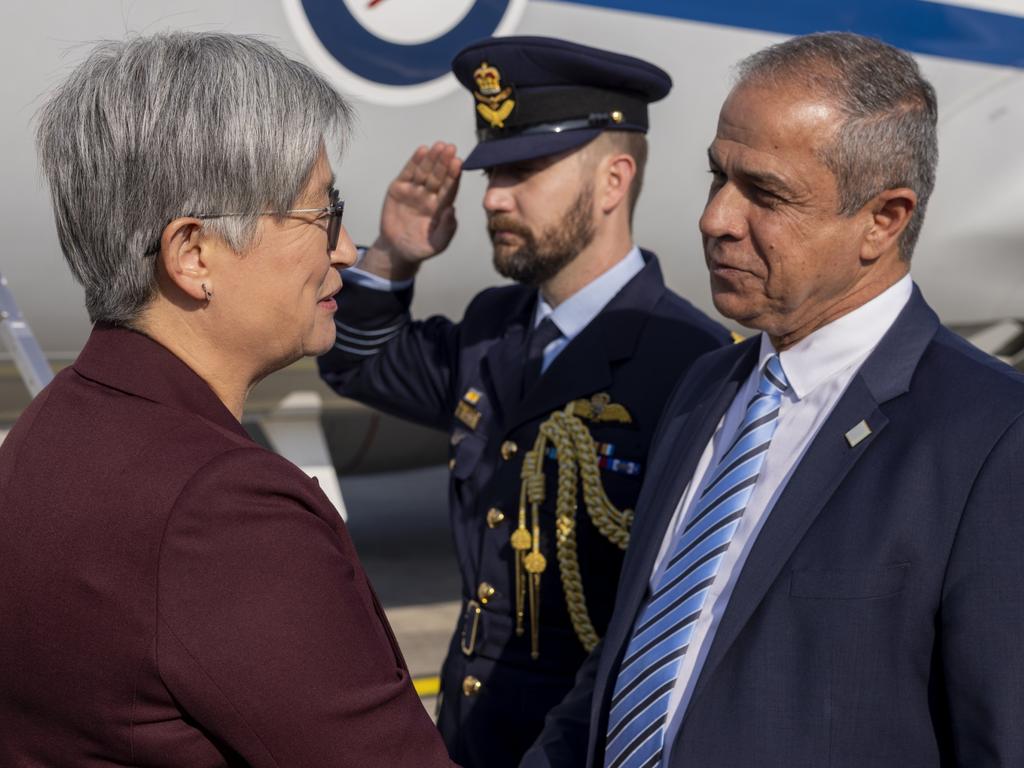 Senator the Hon Penny Wong meets Israel’s ambassador to Australia Amir Maimon on arrival in Israel on Tuesday 16th January, 2024. Picture: DFAT