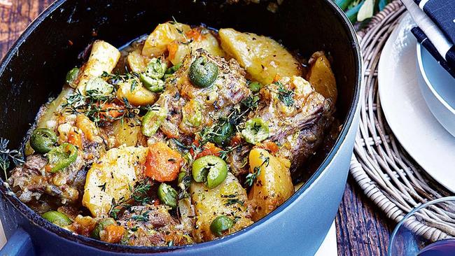 Braised lamb shanks with potatoes, olives and lemon. Picture: Delicious.