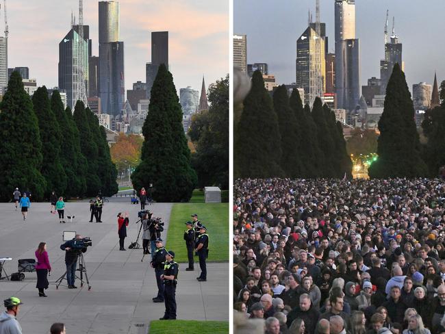 Anzac Day in Melbourne, 2020, left, and 2019, right. Picture: William West/AFP