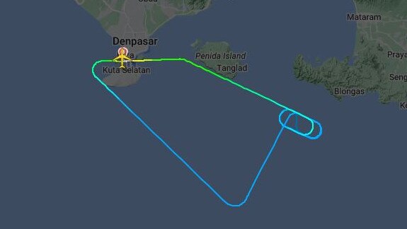 Jetstar flight JQ38 left Bali on Thursday, April 13 and was hour into its journey to Sydney when it was forced to turn back following an issue with the aircraft’s hydraulic system. Picture: Flightradar24