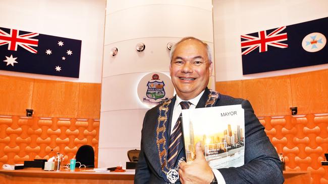 Mayor Tom Tate with the budget books in the chamber,  also councillors voting on the budget, at the Gold Coast City Council Chambers at Evandale . Picture Glenn Hampson