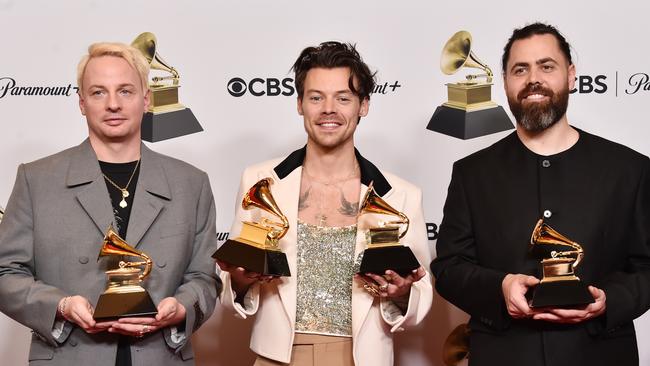 Styles with his co-writing mates Kid Harpoon and Tyler Johnson. Picture: Getty